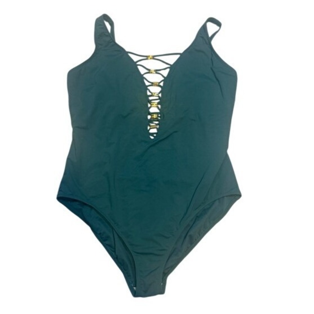Bleu Rod Beattie Plus One Piece Swimsuit 20W Lace-Up Lattice Gold Hardware Teal‎